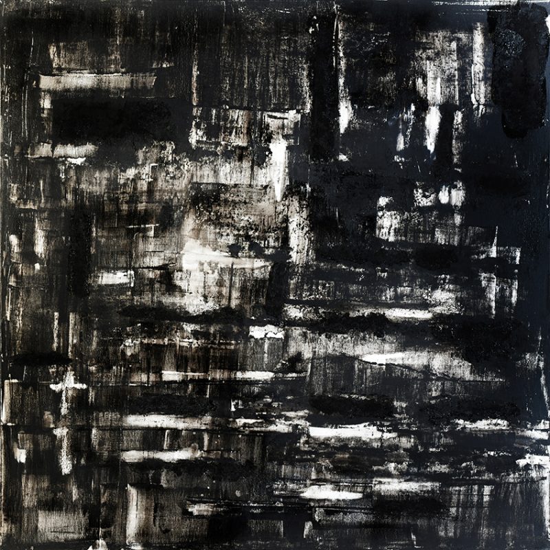 La nuit des strates — Encre, pigments purs et vernis colle sur toile, 100x100 cm