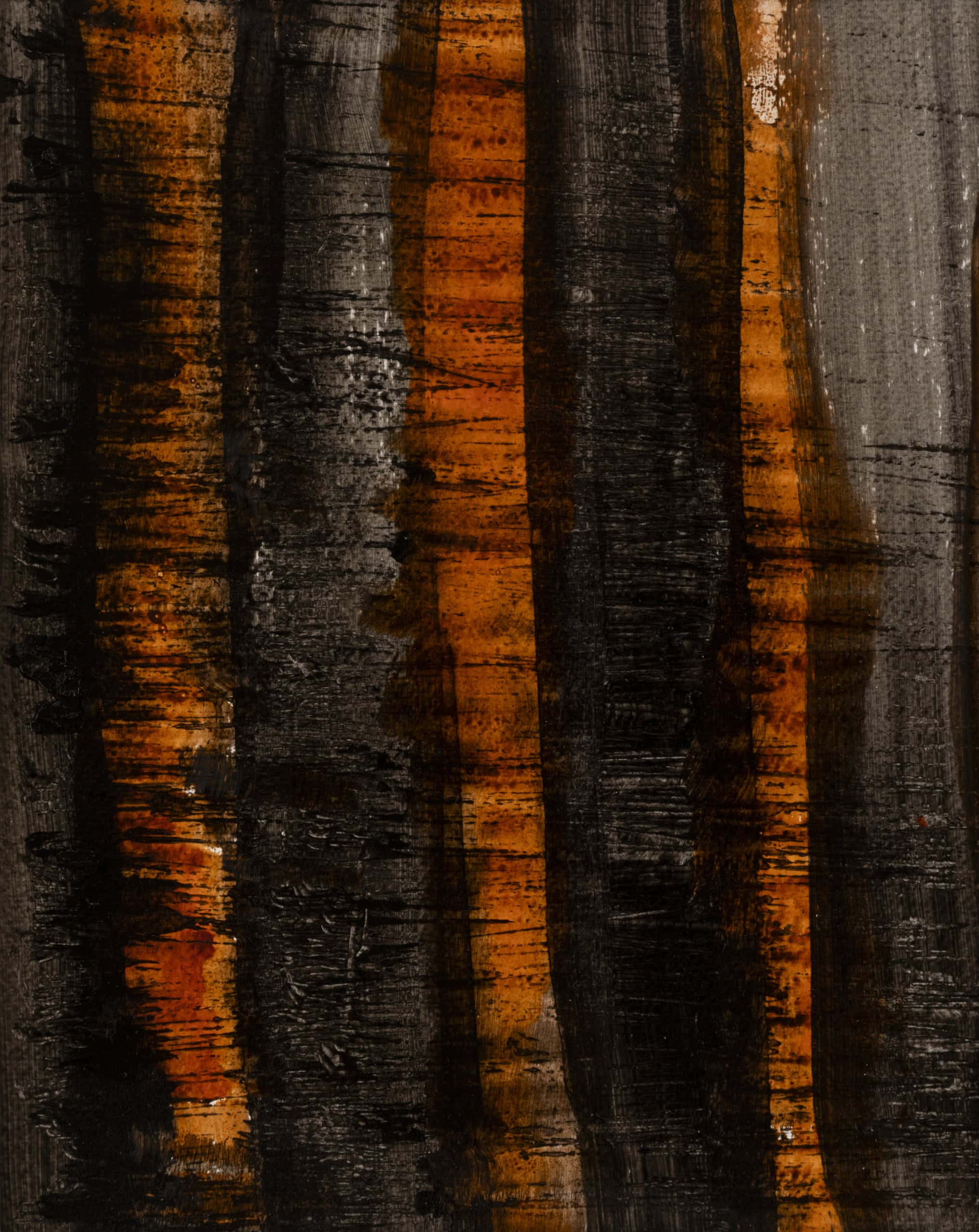 Tranches de bois brûlé avec textures en noir et orange, art contemporain, design rustique.
